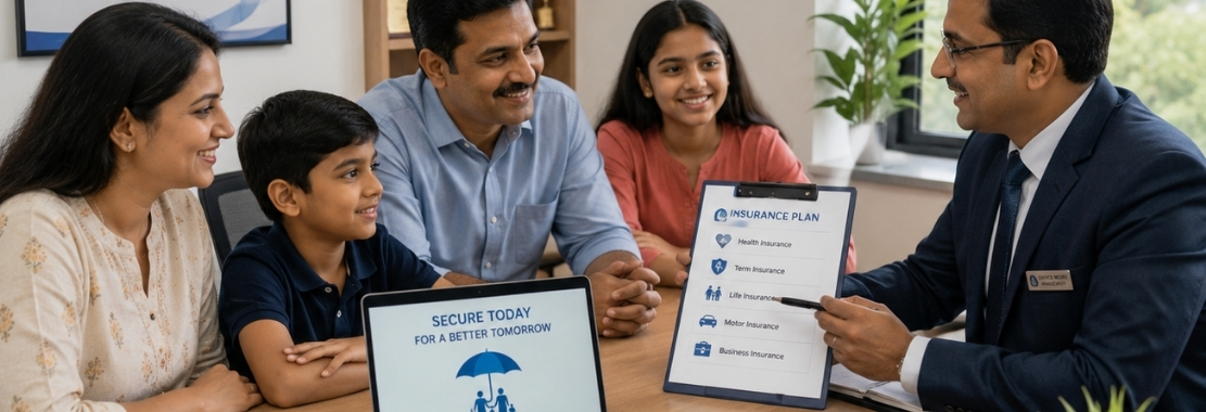 Family with financial advisor discussing insurance